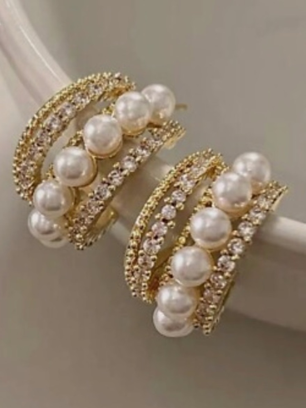 *** Dainty Gold Pearl & Crystal Multi-Row Hoop Earrings